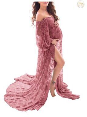 Sheer Lace Off Shoulder Maternity Maxi Dress Photoshoot Double Split